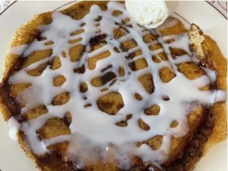 Cinnabon Pancakes with brown sugar swirl and frosting glaze